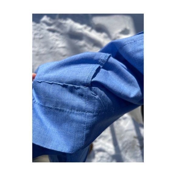 80s Chambray Full Zip House Dress Robe Blue Pink Satin Trim Patch Pocket - Picture 8 of 9